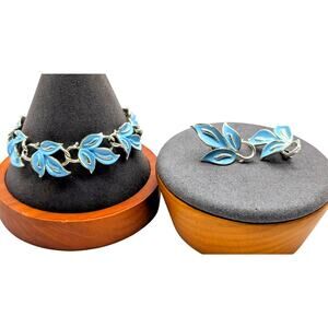 Vintage Coro Robin's Egg Blue Enamel Leaf Bracelet & Clip On Earring Set